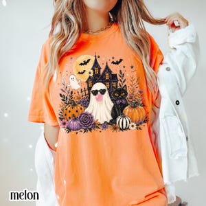 Comfort Colors® Ghost Shirt Floral Spooky Season Tee Black Cat Halloween Fall Aesthetic TShirt Haunted House T-Shirt Boo Blowing Bubble Gum Melon
