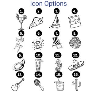 May include: A set of 16 black and white illustrations of various summer and vacation themed icons. The icons include a margarita, seashell, sailboat, picture frame with hearts, a cocktail glass, disco ball, beach chair, a different seashell, oyster, cocktail with an umbrella, seahorse, sombrero, guitar, maraca, a cocktail with a lime wedge, and a cactus.