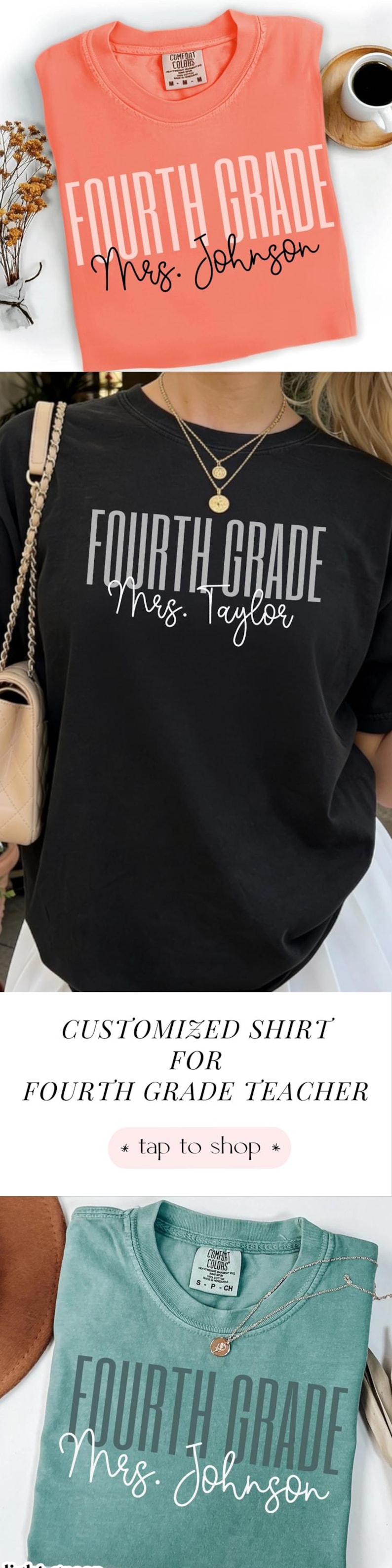 May include: A short-sleeved crew neck t-shirt available in coral, black, or teal. The shirt features the text "FOURTH GRADE" in a bold, sans-serif font, with a personalized name written in a cursive script underneath, such as "Mrs. Johnson" or "Mrs. Taylor."