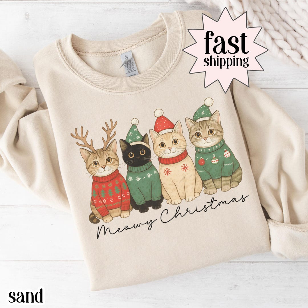 Christmas Sweatshirt Meowy Christmas Santa Hat Cat Sweater Happy