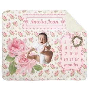 Cottage Rose Baby Month mijlpaaldeken-teddybeer, babyjongen, gepersonaliseerde babydeken, groei en leeftijd volgen, nieuwe moeder kraamcadeau