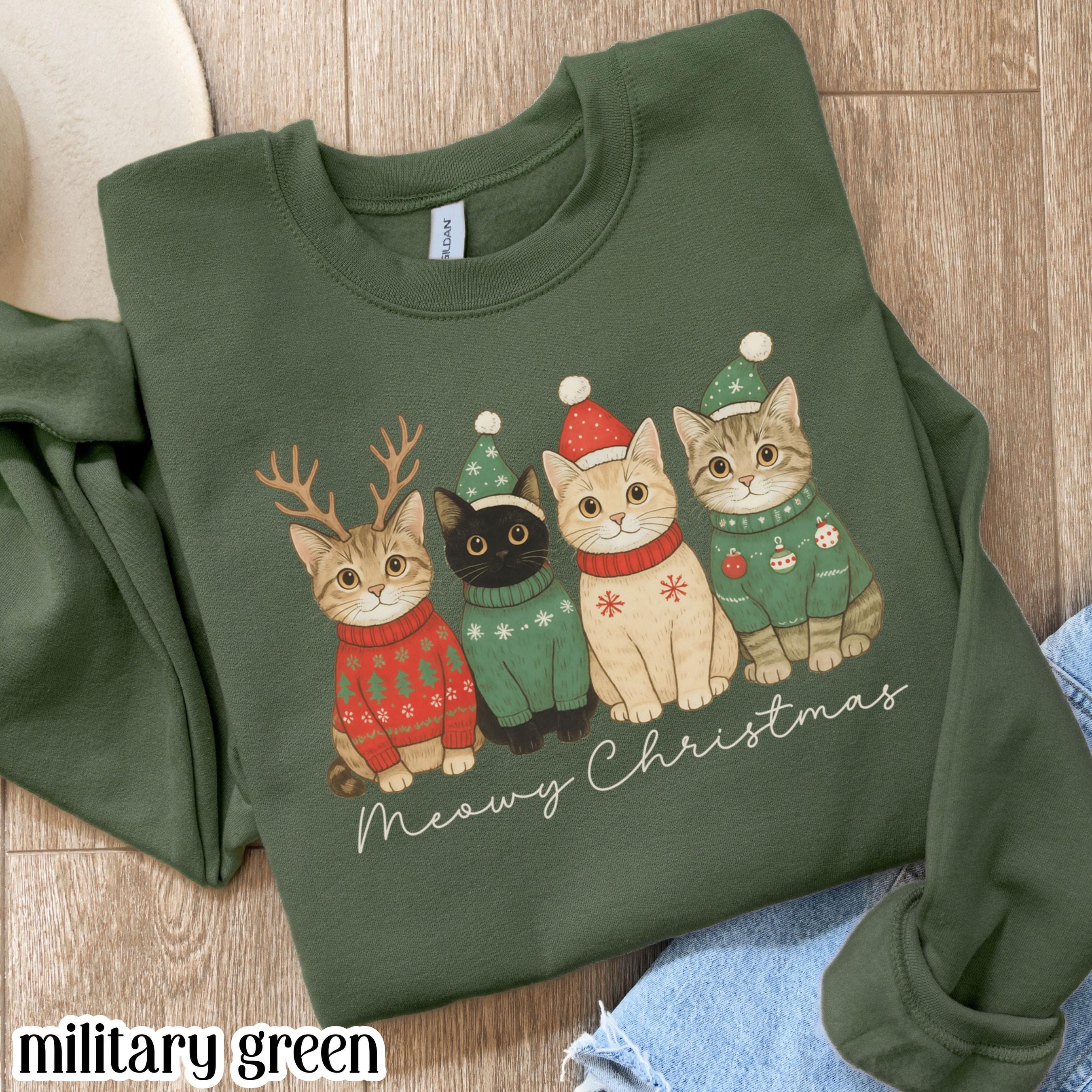 Christmas Sweatshirt Meowy Christmas Santa Hat Cat Sweater Happy