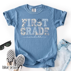 Youth Comfort Colors® First Grade Shirt Custom Name 1st Grade T-Shirt Floral Blue Faux Patchwork Kids Back to School Team Tee for Kids