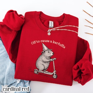 Off To Cause A Kerfuffle Sweatshirt Funny Groundhog Scooter Sweater Silly Animal Mental Health Pullover Adult Humor Sarcastic Crewneck Cardinal Red