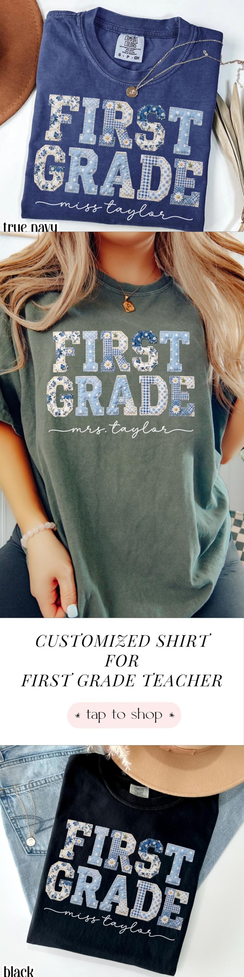 Comfort Colors® First Grade Teacher Shirt 1st Grade Matching Group T-Shirt Floral Blue Faux Patchwork Educator Back to School Team Tee image 18