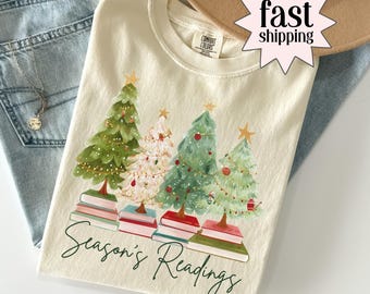 Teacher Christmas Comfort Colors Shirt Bookish Reading TShirt Tis The Season Xmas Holiday Tree Librarian Book Tshirt Seasons Readings Tee
