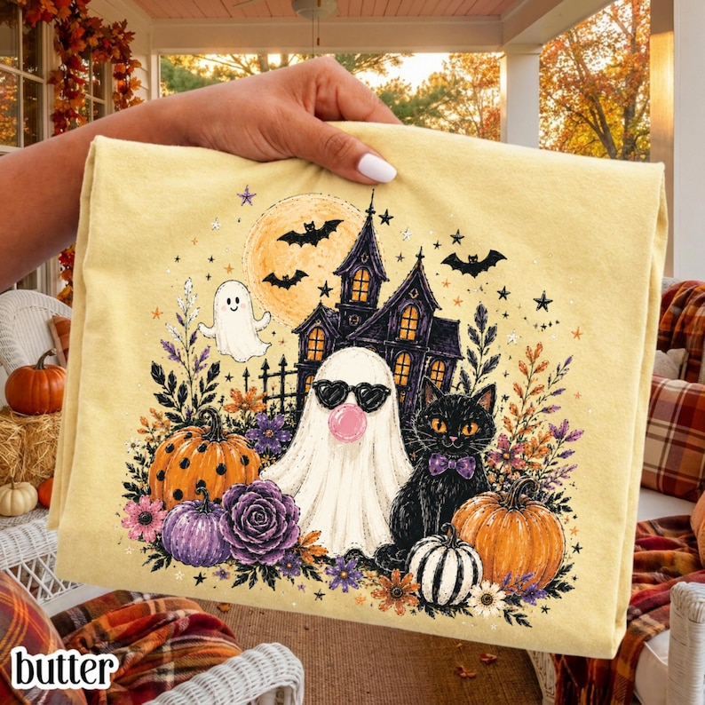 Comfort Colors® Ghost Shirt Floral Spooky Season Tee Black Cat Halloween Fall Aesthetic TShirt Haunted House T-Shirt Boo Blowing Bubble Gum Butter