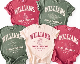 Custom Family Christmas Comfort Colors Shirt Matching Xmas Crew Tshirt Personalized Name Holiday Family Reunion Tee Vintage Varsity T-shirt