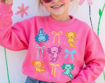 Axolotl Kids Sweater Cute Axolotl Sweatshirt Axolotl Lover Gift Granddaughter Cute Axolotl Daughter Gift In My Axolotl Era Bow Pullover