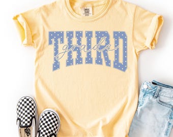 Youth Third Grade Comfort Colors® Shirt Blue Polka Dots Tee Cottagecore Aesthetic Kids 3rd Grade TShirt Cute Back to School Kid T-Shirt