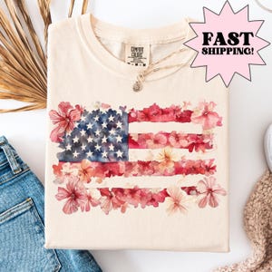 Camiseta Comfort Colors del 4 de julio, camiseta de EE. UU., camiseta del 4 de julio, camiseta con la bandera estadounidense, camiseta clásica de EE. UU., camiseta con la bandera floral, Día de la Independencia