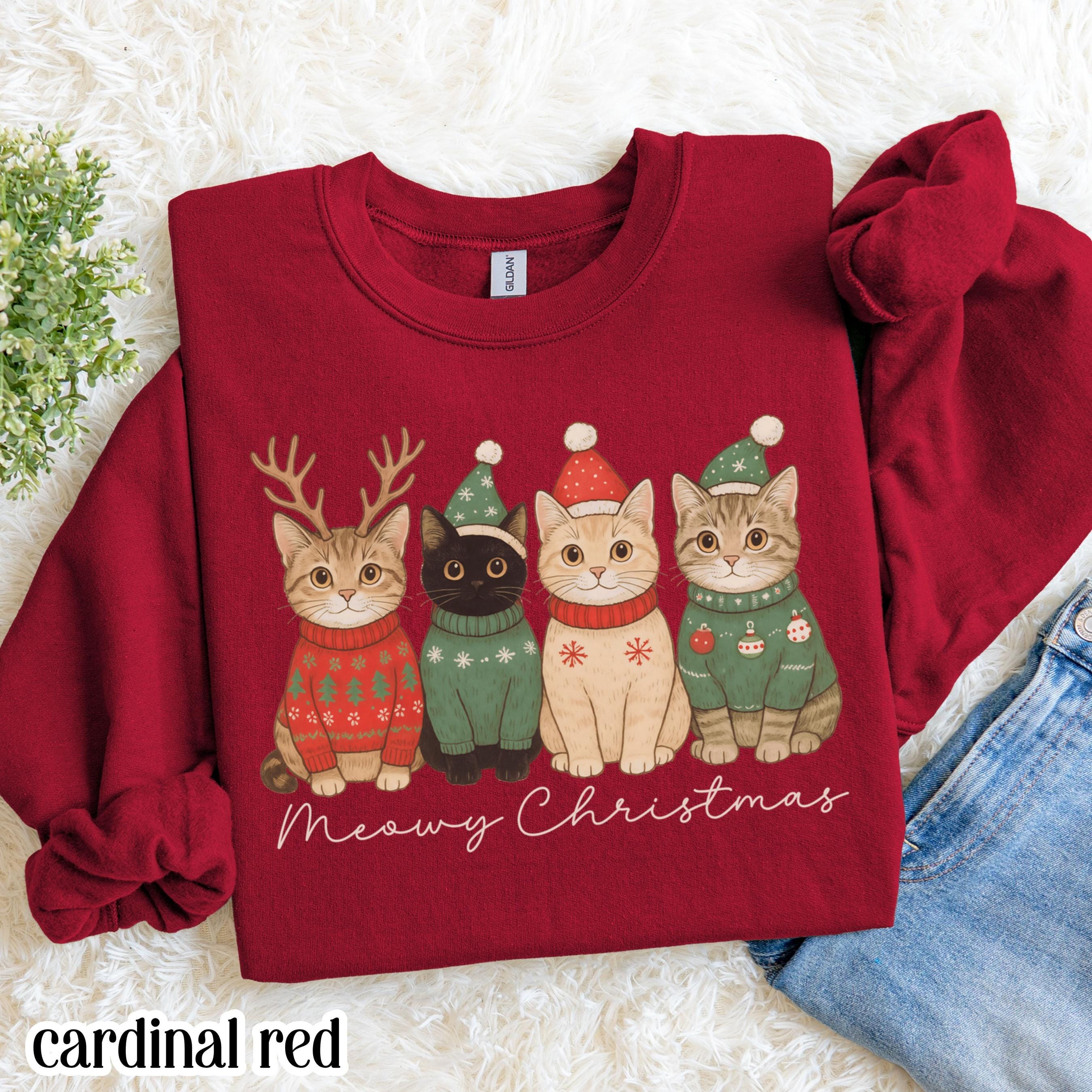 Christmas Sweatshirt Meowy Christmas Santa Hat Cat Sweater Happy