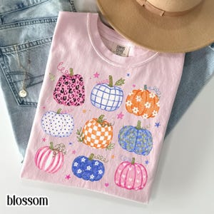 May include: A light pink t-shirt featuring a graphic print of nine pumpkins in various patterns including leopard print, plaid, checkered, floral, and striped designs, accented with small stars and hearts. The shirt has a Comfort Colors brand label.