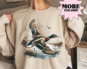 Duck Sweatshirt Animal Lover Sweatshirt Mallard Duck Crewneck Duck Gift Dad Sweater Vintage Christmas Sweater, Hunting Sweatshirt