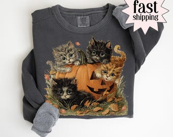 Cat Halloween Comfort Colors Sweatshirt Vintage 90s Halloween Sweater Retro Spooky Season Sweatshirt Pumpkin Spice Kitty Cat Lover Sweater