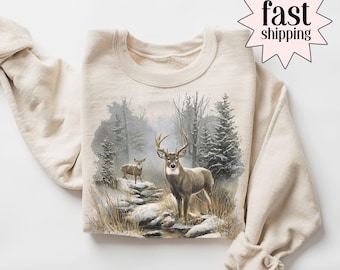 Sudadera vintage de ciervos de los 90, estilo retro, con ciervos machos y hembras, estilo americano, con cuello redondo, cómoda, ideal para cazadores. Regalo tradicional para la esposa.