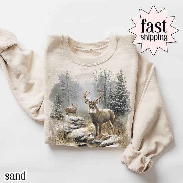 Sudadera vintage de ciervos de los 90, estilo retro, con ciervos machos y hembras, estilo americano, con cuello redondo, cómoda, ideal para cazadores. Regalo tradicional para la esposa.