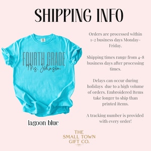May include: A lagoon blue t-shirt featuring the text "FOURTH GRADE" in a tall, grey, sans-serif font, with the name "Ms. Johnson" printed below in a black, cursive script. The shirt is displayed flat, showcasing its short sleeves and crew neck.