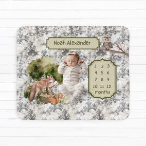 Woodland toile sherpa deken baby maand mijlpaal deken babyjongen, gepersonaliseerde babydeken, groei en leeftijd volgen, nieuwe moeder babyshower