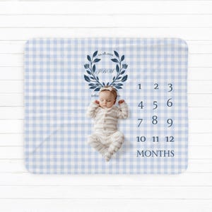 Blauw gingham-fleece sherpababy Milestone-deken