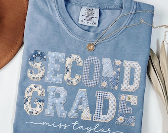 Custom Comfort Colors® Second Grade Teacher Shirt 2nd Grade Matching Group T-Shirt Floral Blue Faux Patchwork Educator Back to School