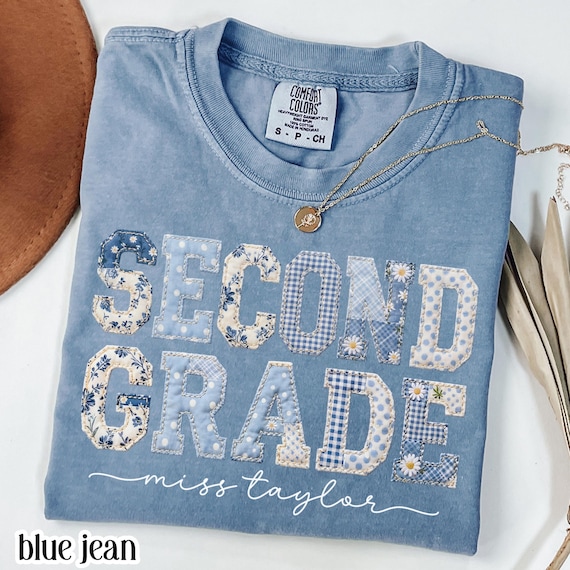 Custom Comfort Colors® Second Grade Teacher Shirt 2nd Grade Matching Group T-Shirt Floral Blue Faux Patchwork Educator Back to School