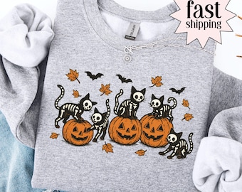 Halloween Black Cat Sweatshirt Vintage Pumpkin Jack-o-lantern Sweater Spooky Season Crewneck Retro Spooky Fall Cozy Pullover For Cat Lover