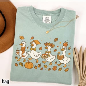 May include: A light green Comfort Colors t-shirt featuring a whimsical illustration of four geese walking in a row. The geese are adorned with fall-themed accessories like scarves, books, and an apple. The design includes leaves, acorns, and a pumpkin.
