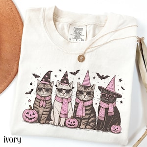 Halloween Cat Comfort Colors Shirt Spooky Season Pumpkin Tshirt Pink Fall Kitty Tee Autumn Cozy Season Cat Lover T-Shirt Witch Kitten Tee