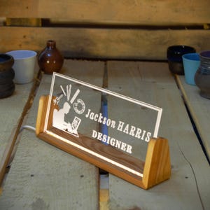 Custom LED Desk Name Sign: Engraved Acrylic, Wooden Base, Personalized Office Gift