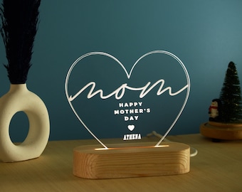 Personalized Mother's Night Light: Engraved Heart Keepsake, Handmade Wood Base