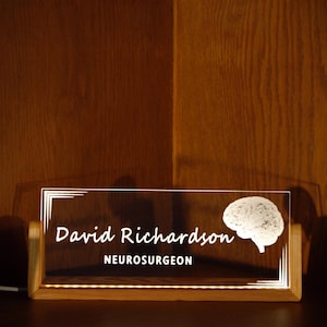 Custom Neurosurgeon LED Desk Name Sign: Brain Design, Wooden Base