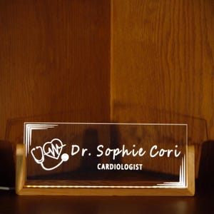 Custom Doctor Desk Name Sign: Engraved LED Acrylic, Wooden Base
