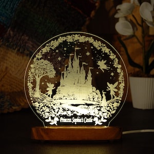 Personalized Princess Night Light – Fairy Tale Nursery Gift – Custom Baby Room LED Lamp – Unique Castle Decor for Girls – Wood Lamp