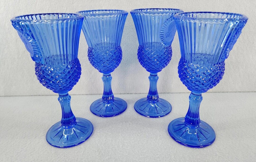 Cobalt Blue Glass Goblets With Cameo Design Set of 4 Vintage 8” Tall ...