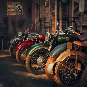 Vintage-Style Motorbikes Wall Decor, Classic Americana Scene with Rustic Tools & Posters, Perfect Gift for Bike Enthusiasts.