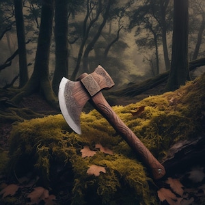 A hand-carved wooden axe, vintage style with ornate handle, ideal for woodcraft, camping gear, or a nature lover&#39;s gift
