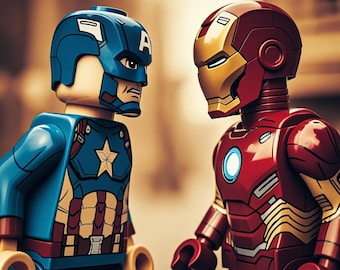 LEGO Captain America and Iron Man vintage photo, retro 1970s style movie poster art for geek room decor, perfect superhero fan gift.