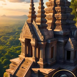 The Temple complex was built with Khmer ancient fantasy art, 8K cinematic wide-angle decor for home or office, unique gift