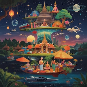 The blend of traditional Thai culture, colorful surreal illustration, vibrant Thai daily life art print, and home decor gift.