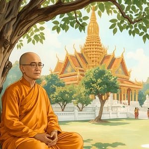 Thai monk hand-drawn art print, serene elderly monk under Bodhi tree, spiritual wall decor for meditation room gift.