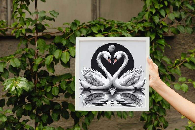 Two Elegant Swans Artwork, Stunning Symmetrical Design With Moon ...
