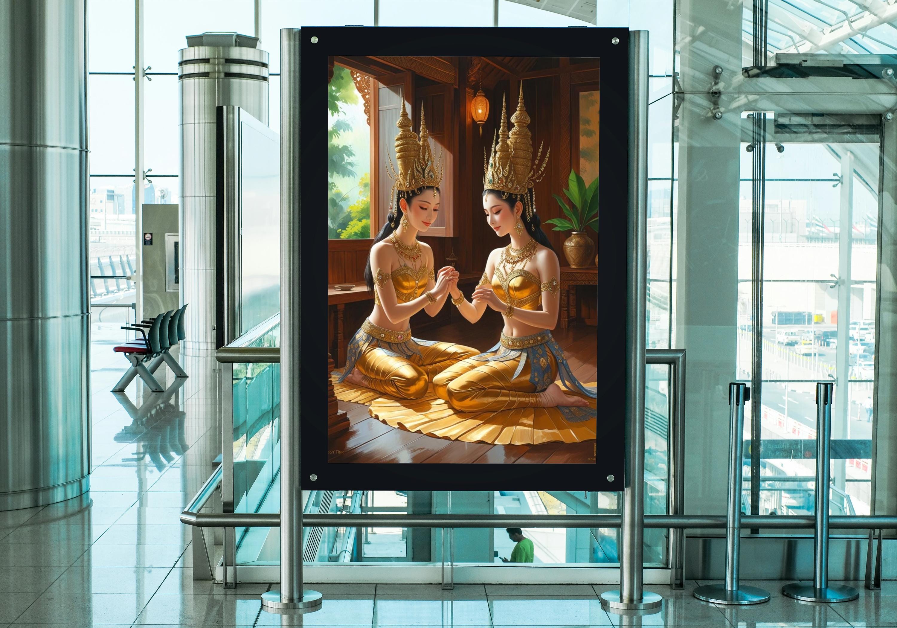 手描きのタイのダンサーアート：伝統的な金色の衣装、18x24 キャンバス