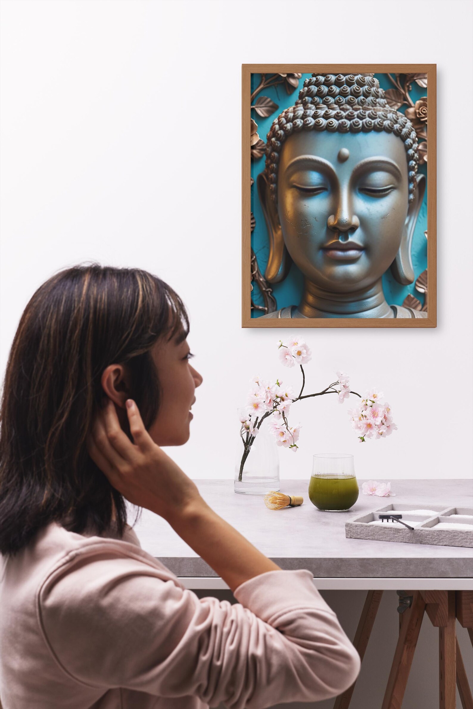 Buddha Face Sculpture In Bronze Wall Art With A Textured Turquoise buddha-face-sculpture-in-bronze-wall-art-with-a-textured-turquoise