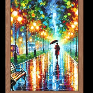 A rainy city street at night art print, vibrant urban scene with glowing lamps and reflections, perfect decor gift for art lovers.