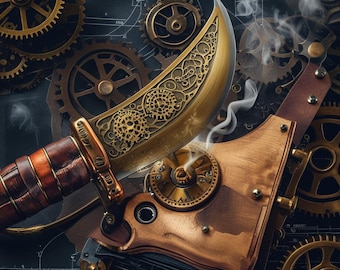 An intricately crafted steampunk billhook, brass filigree blade, mahogany handle, rugged cutting tool, unique gift for steampunk fans.