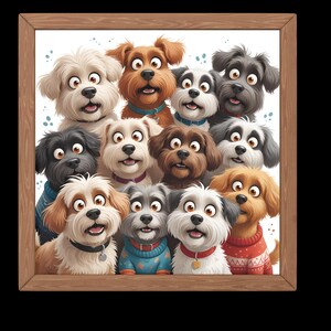 Cartoon Dogs Group Art Print, Quirky Fluffy Dogs with Sweaters and Collars, Fun Children’s Room Decor, Gift for Pet Lovers.