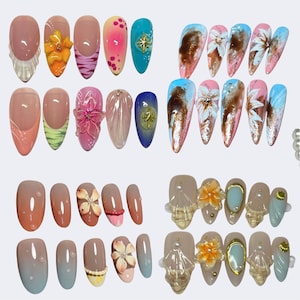 Serect Garden Long Almond Press On Nail,Tropical Beach3DPress On Nails,Ocean-Inspired Designs with Flowers,Seashells,Handmade Press On Nails