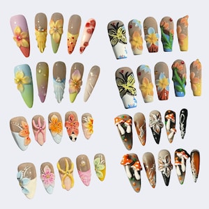 Trending 3d Flower Design Nail Art,Fake,Serect Garden Long Almond Press On Nail,Flase Nail for Birthday Holiday Vacation Nail,BeautifulNails