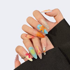 Ocean-Inspired Designs with Flowers, Seashells,Tropical Beach 3D Press On Nails and Starfish,Handmade Press On Nails,HB421SL,A gift for her